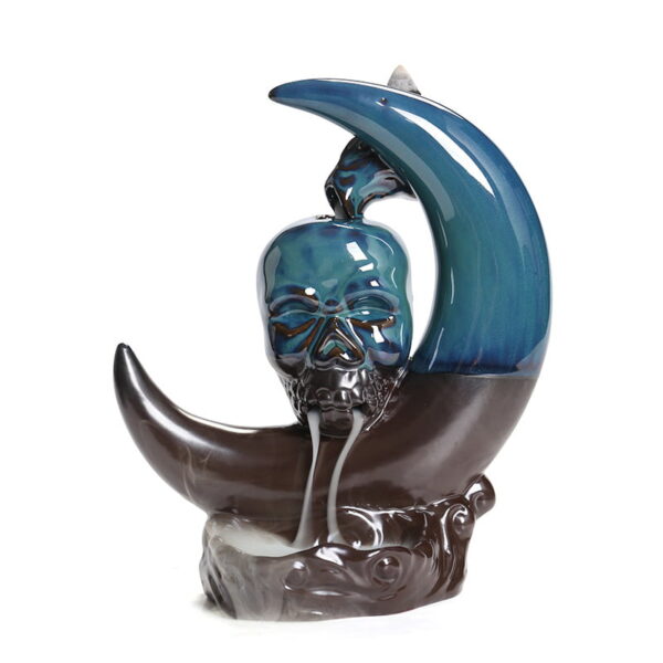 Crescent Moon Skull Ceramic Incense Waterfall Fountain Backflow Burner