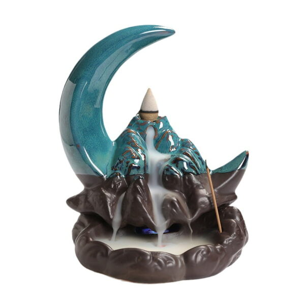 Crescent Moon Ceramic Reverse Smoke Incense Burner With LED Light