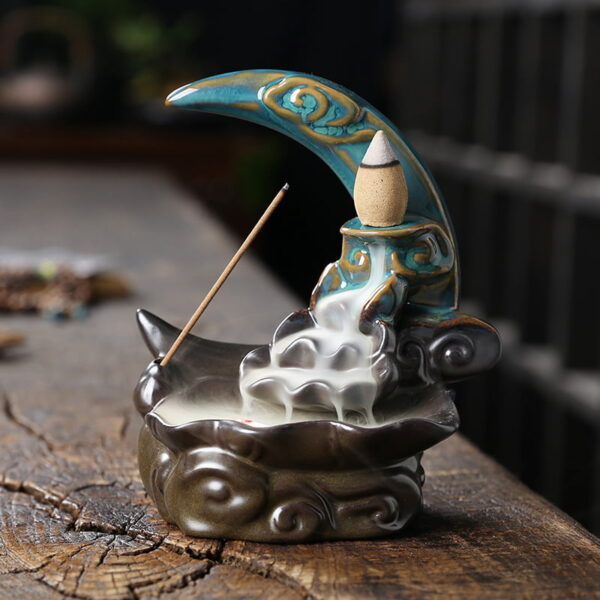 Crescent Moon Lotus Clouds Ceramic Fountain Backflow Burner Crescent Moon Lotus Clouds Ceramic Fountain Backflow Burner