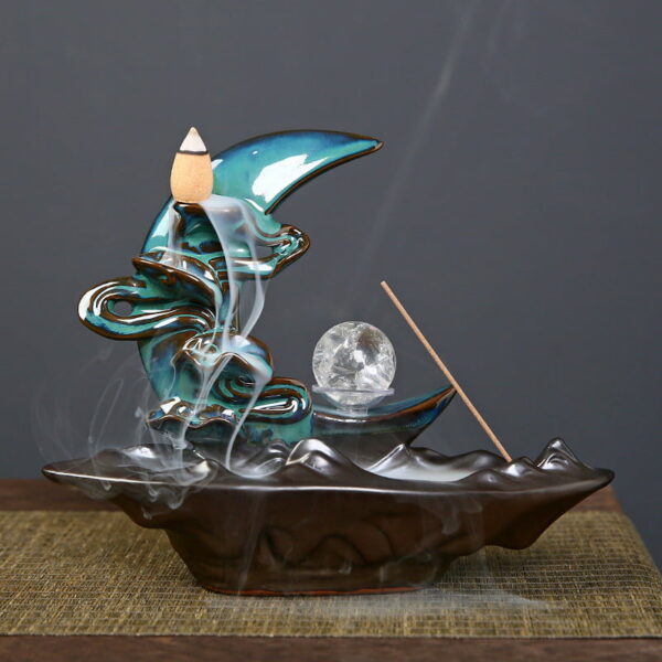 Blue Ceramic Crescent Moon Clouds Waterfall Incense Burner With LED Light Ball
