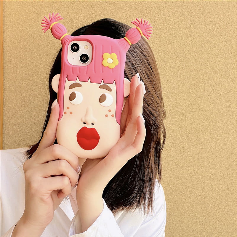 3D Cartoon Girl with Braids Silicone Phone Shell for Apple iPhone Models