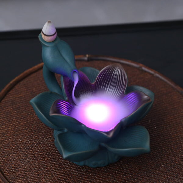 Green Lotus Flower Ceramic Smoke Reverse Incense Burner With LED Light