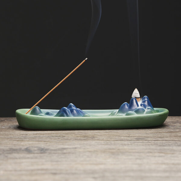 Mountain Hill Boat Blue Green Ceramic Incense Stick Burner Backflow Incense Holder