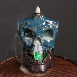 Halloween Skull Blue Ceramic Backflow Incense Burner With LED Light