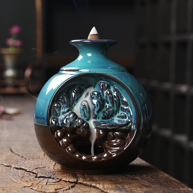 Round Vase Blue Ceramic Backflow Incense Holder