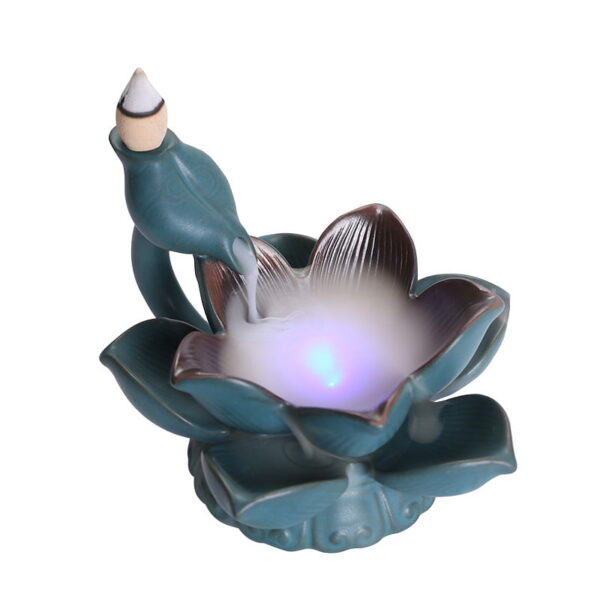 Green Lotus Flower Ceramic Smoke Reverse Incense Burner With LED Light