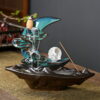 Blue Ceramic Crescent Moon Clouds Waterfall Incense Burner With LED Light Ball