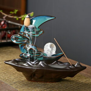 Blue Ceramic Crescent Moon Clouds Waterfall Incense Burner With LED Light Ball Blue Ceramic Crescent Moon Clouds Waterfall Incense Burner With LED Light Ball