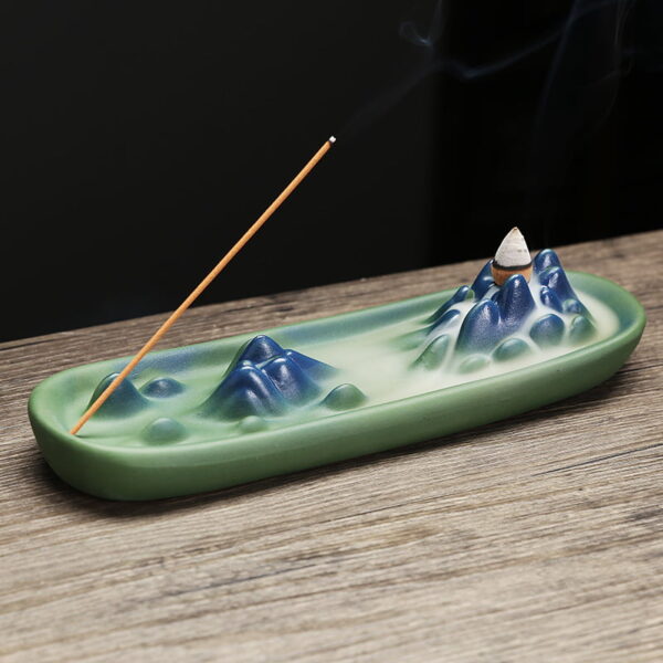 Mountain Hill Boat Blue Green Ceramic Incense Stick Burner Backflow Incense Holder