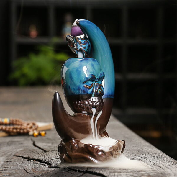 Crescent Moon Skull Ceramic Incense Waterfall Fountain Backflow Burner