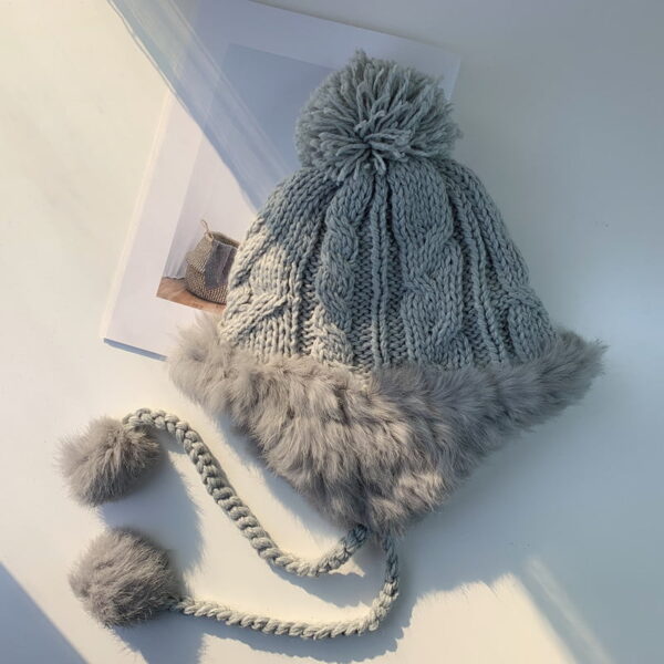 Rabbit Fur Woolen Hat Fur Ball Plus Fleece Warm Knitted Hat