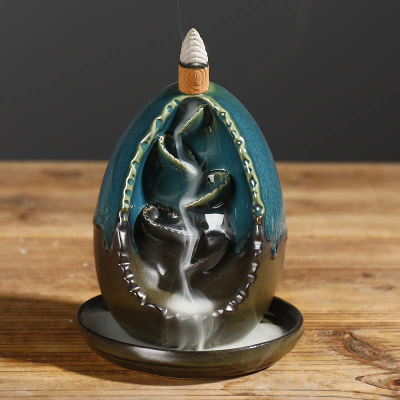 Oval Egg Blue Ceramic Backflow Waterfall Incense Burner