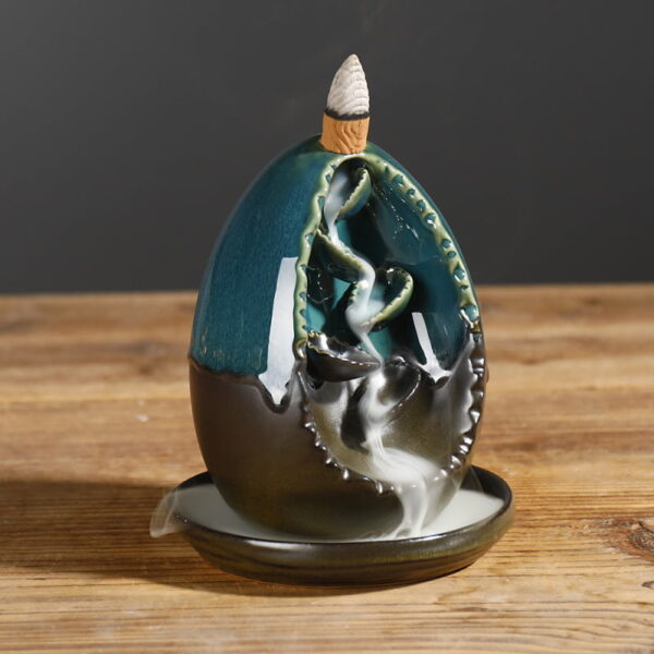 Oval Egg Blue Ceramic Backflow Waterfall Incense Burner