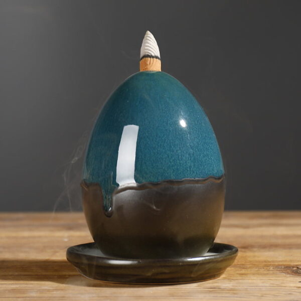 Oval Egg Blue Ceramic Backflow Waterfall Incense Burner