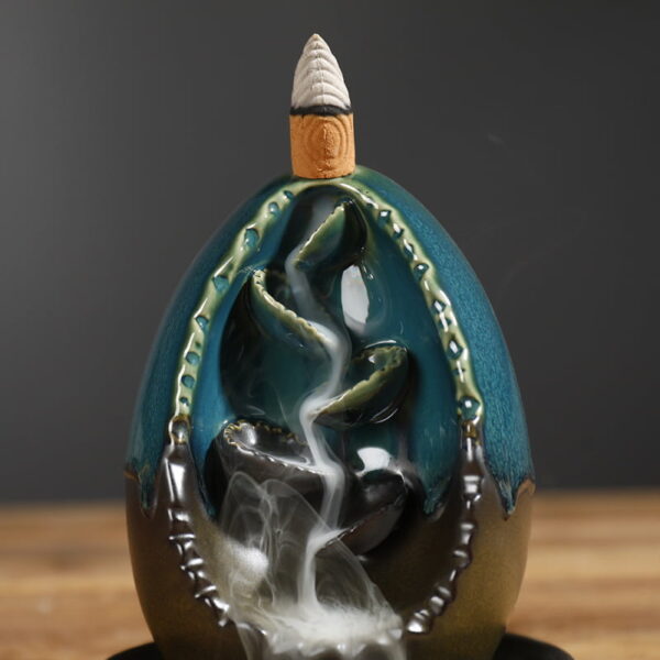 Oval Egg Blue Ceramic Backflow Waterfall Incense Burner
