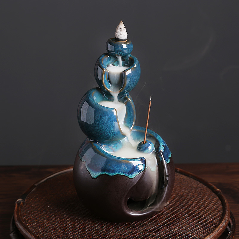 Blue Ceramic Tea Cup Clay Pot Backflow Incense Burner