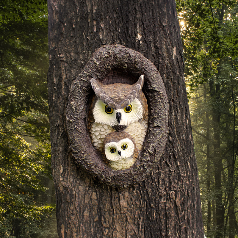 Simulation Mother Child Owl Resin Tree Decoration