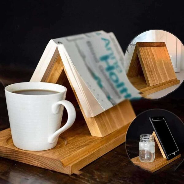 Wooden Triangular Bookshelf With Drink Holder