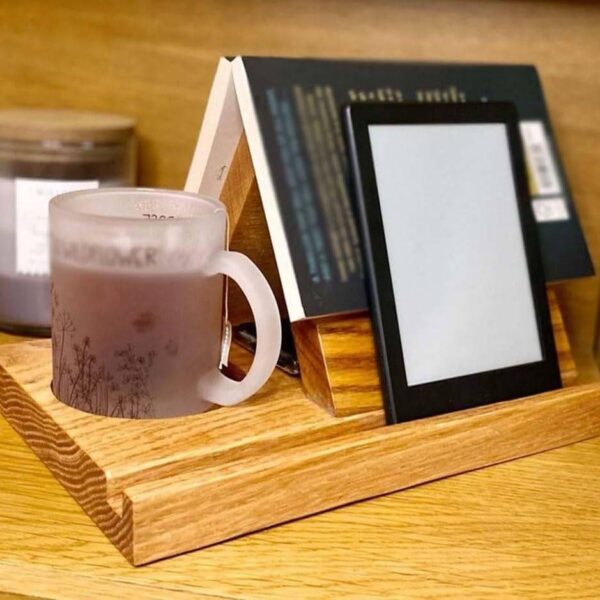 Wooden Triangular Bookshelf With Drink Holder