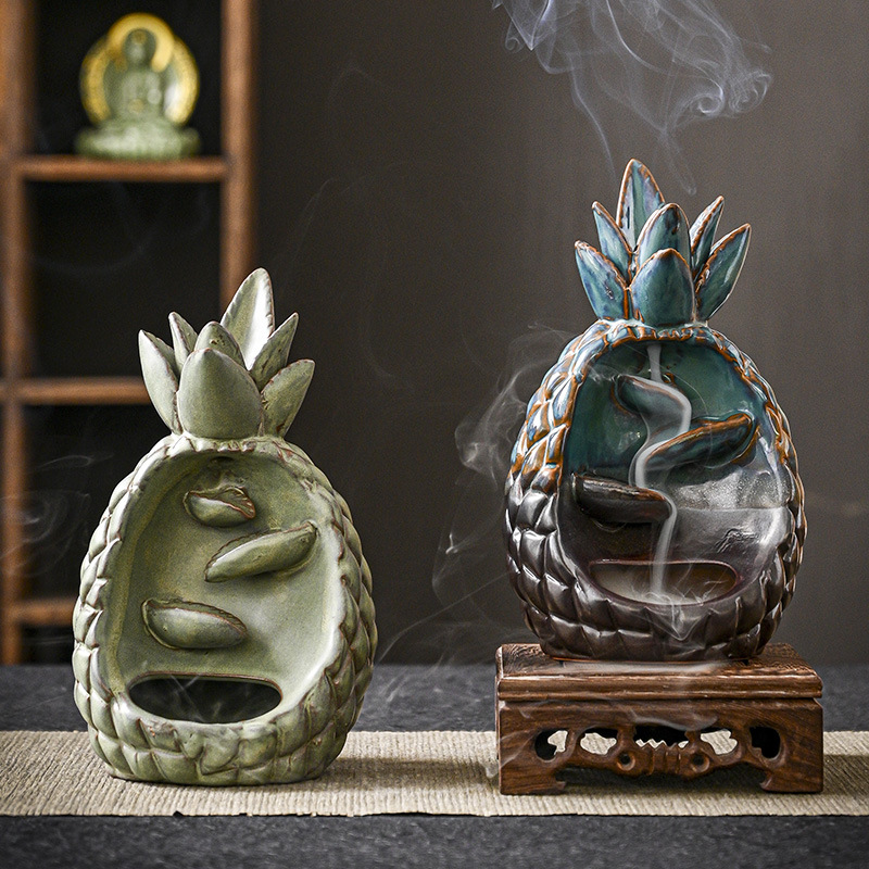 Pineapple With Leaves Ceramic Backflow Incense Burner Ornament Home Decor