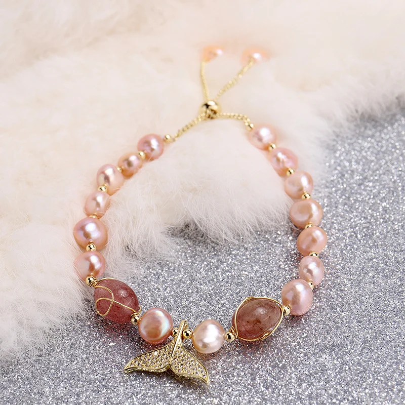 Natural Pearl Bracelet Baroque Pink Crystal Mermaid Tail Bracelet