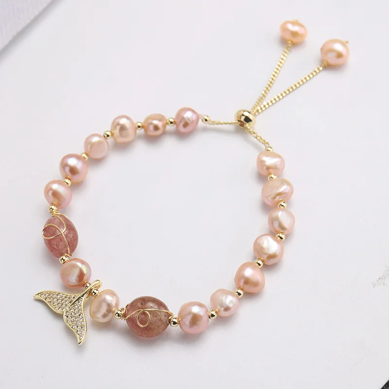 Natural Pearl Bracelet Baroque Pink Crystal Mermaid Tail Bracelet - Image 4