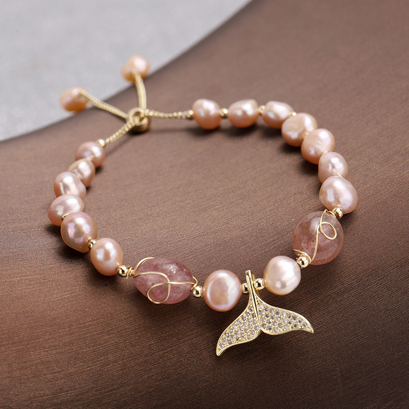 Natural Pearl Bracelet Baroque Pink Crystal Mermaid Tail Bracelet