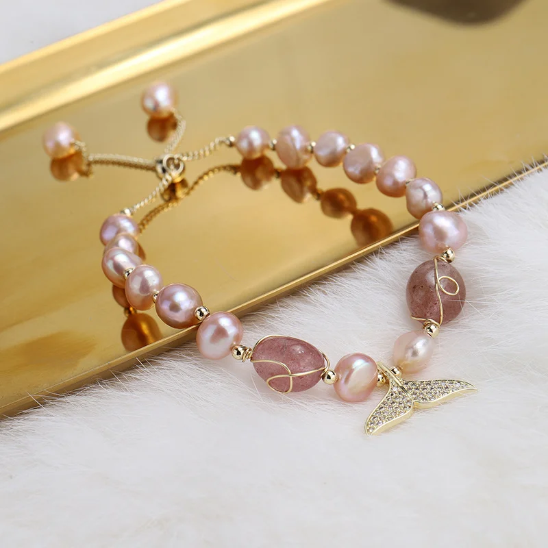 Natural Pearl Bracelet Baroque Pink Crystal Mermaid Tail Bracelet - Image 2