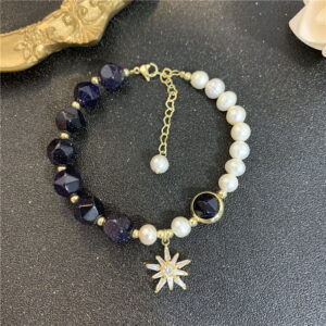 Freshwater Pearl Bracelet 14K Gold Star Sky Blue Sandstone Faceted Crystal Bracelet