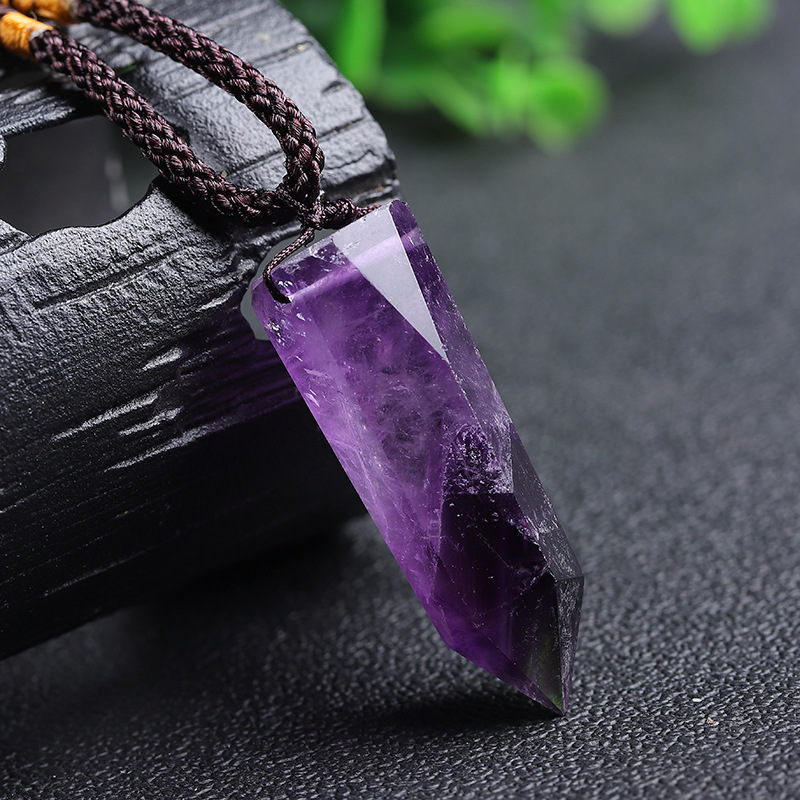 Natural Amethyst Single Pointed Hexagonal Prism Raw Stone Pendant Necklace