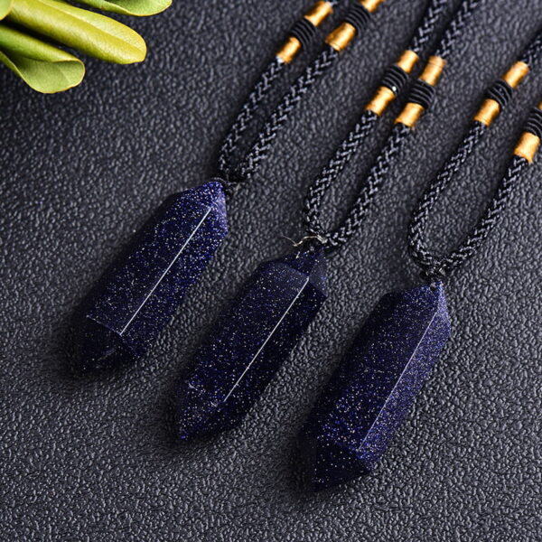 Natural Blue Sand Stone Double Pointed Hexagonal Prism Pendant Necklace