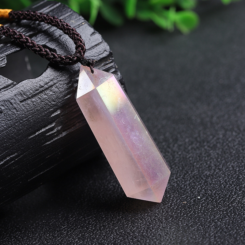 Natural Electroplated Pink Crystal Double Pointed Crystal Column Pendant Necklace