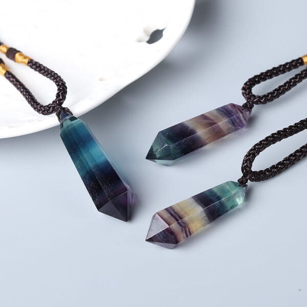 Natural colorful fluorite crystal column double tip pendant crystal raw stone hexagonal hemp rope necklace Natural colorful fluorite crystal column double tip pendant crystal raw stone hexagonal hemp rope necklace