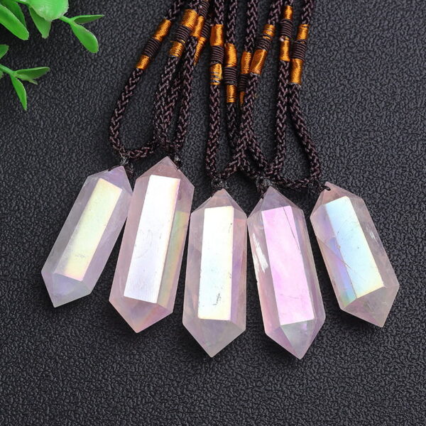 Natural Electroplated Pink Crystal Double Pointed Crystal Column Pendant Necklace