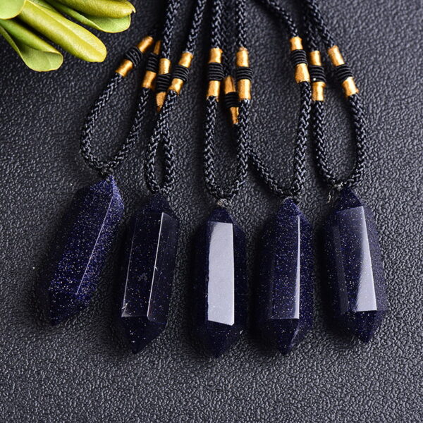 Natural Blue Sand Stone Double Pointed Hexagonal Prism Pendant Necklace
