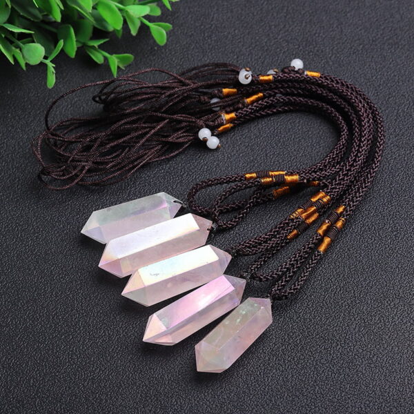 Natural Electroplated Pink Crystal Double Pointed Crystal Column Pendant Necklace