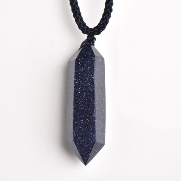 Natural Blue Sand Stone Double Pointed Hexagonal Prism Pendant Necklace