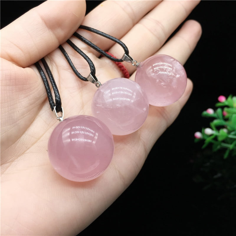 Natural Rose Crystal Round Ball Pendant Necklace