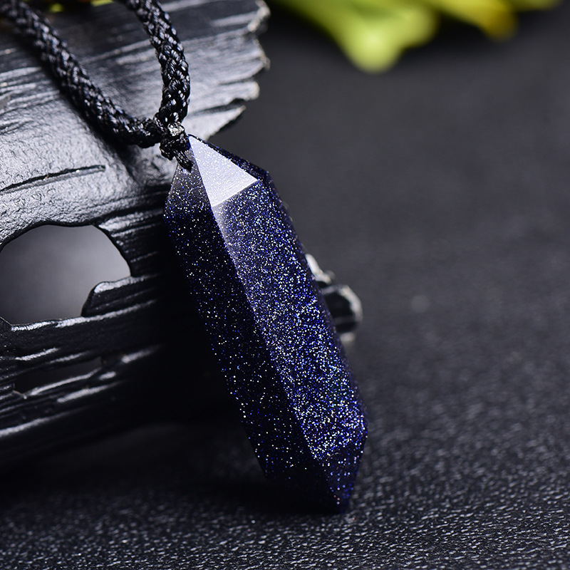 Natural Blue Sand Stone Double Pointed Hexagonal Prism Pendant Necklace