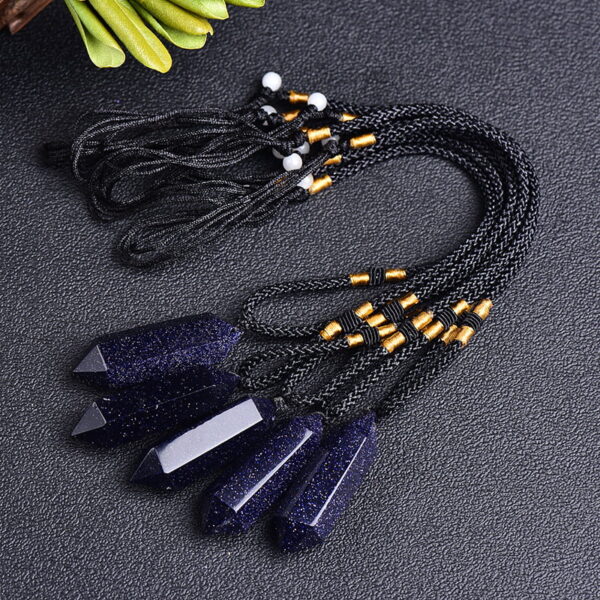 Natural Blue Sand Stone Double Pointed Hexagonal Prism Pendant Necklace