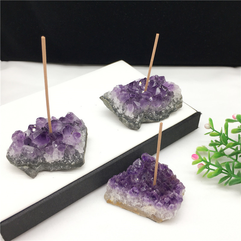 Natural amethyst block incense holder