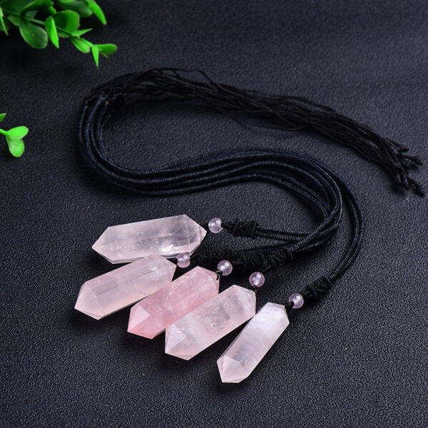 Natural Pink Crystal Hibiscus Stone Double Pointed Hexagonal Prism Pendant Original Stone Necklace