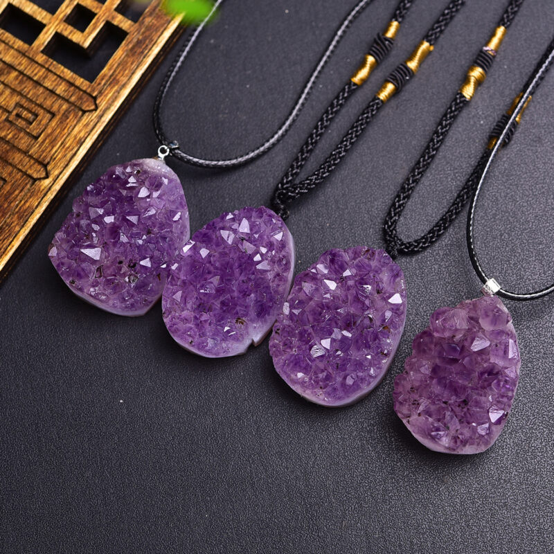 Natural Amethyst Cluster Teardrop-shaped Rough Stone Pendant Necklace