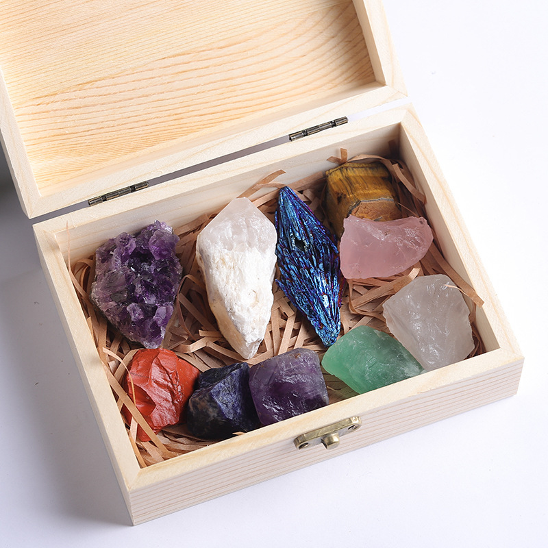 Natural Crystal Amethyst Colorful Gemstone Ore Raw Stone Box Set