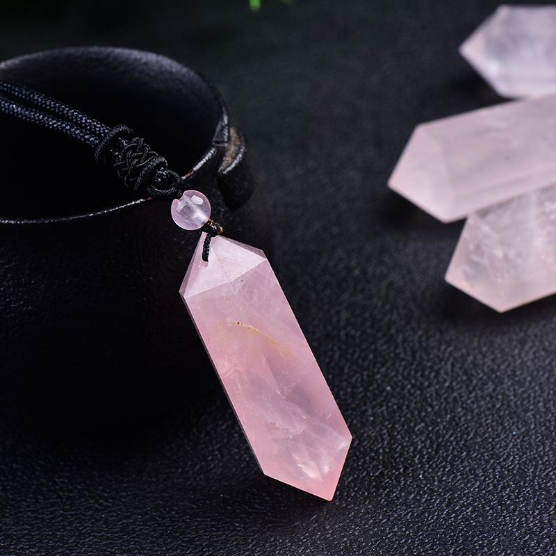 Natural Pink Crystal Hibiscus Stone Double Pointed Hexagonal Prism Pendant Original Stone Necklace