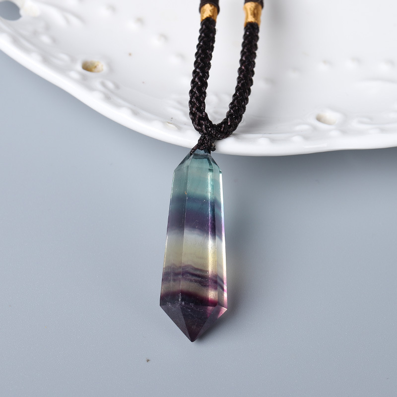 Natural Colorful Fluorite Crystal Column Hemp Rope Necklace