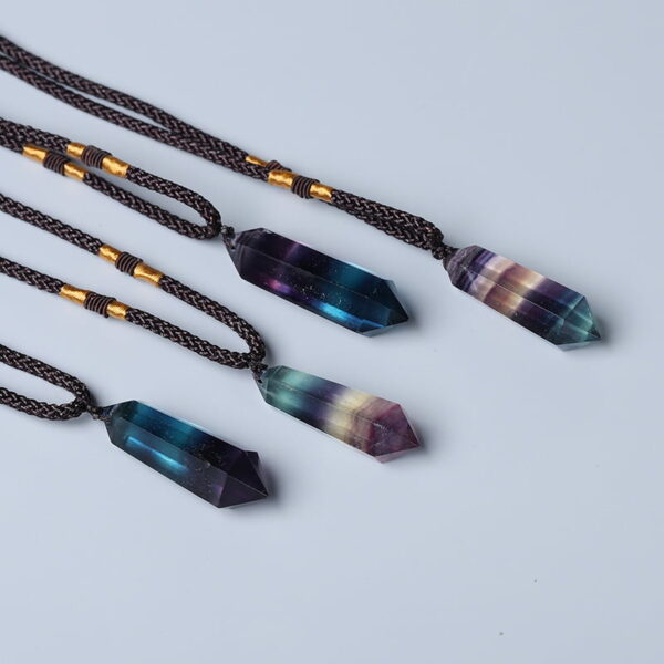 Natural Colorful Fluorite Crystal Column Hemp Rope Necklace