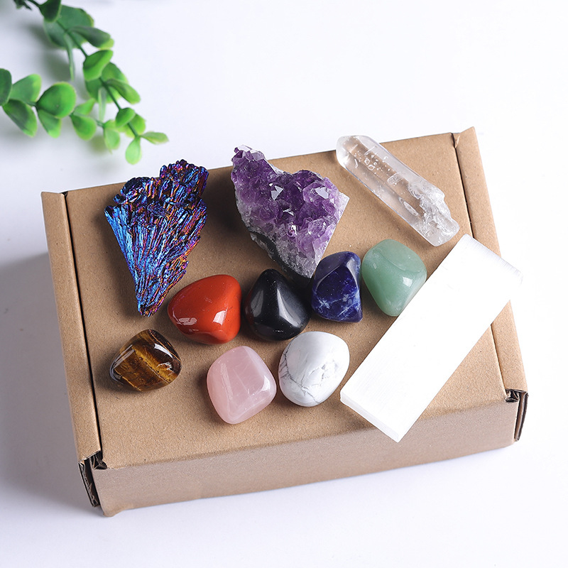 Natural Crystal Amethyst Cluster Colorful Gemstone Gift Box Set